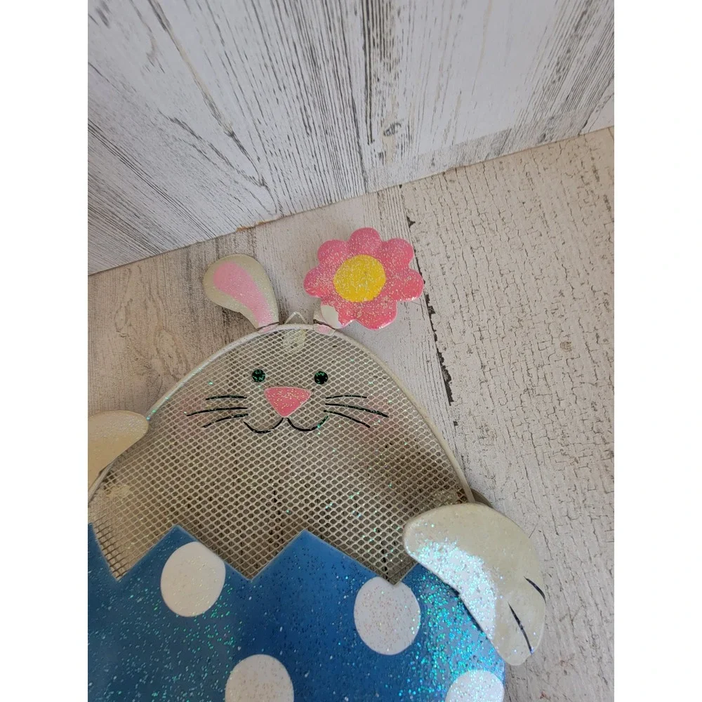Vintage blue bunny egg polka dot lawn home decor spring flower metal rabbit